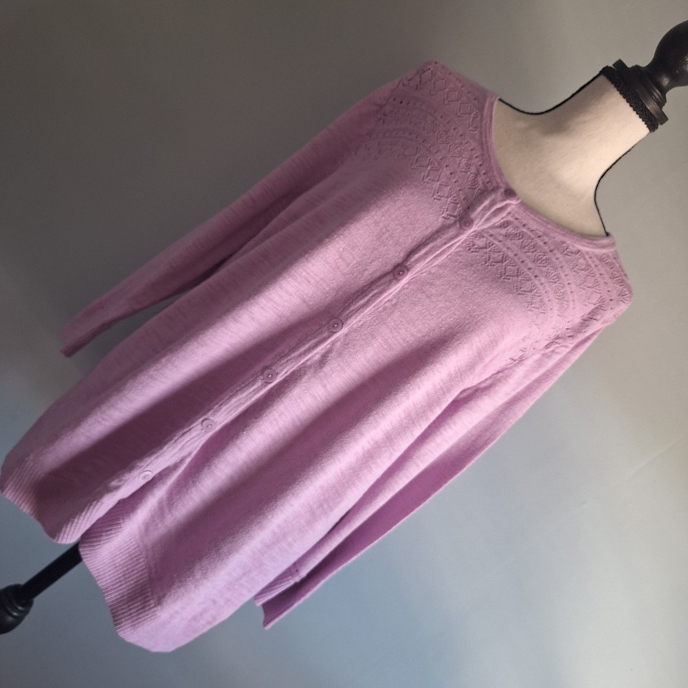 MADISON GREY Crochet Button Up Cardigan Sweater Womens L Lilac Cottage Core